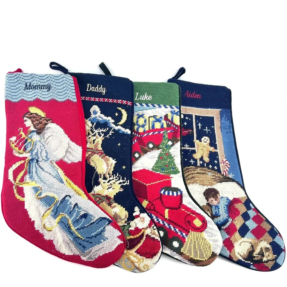 Lot of 4 VTG Lands End Needlepoint Christmas Stockings Angel Santa Train
